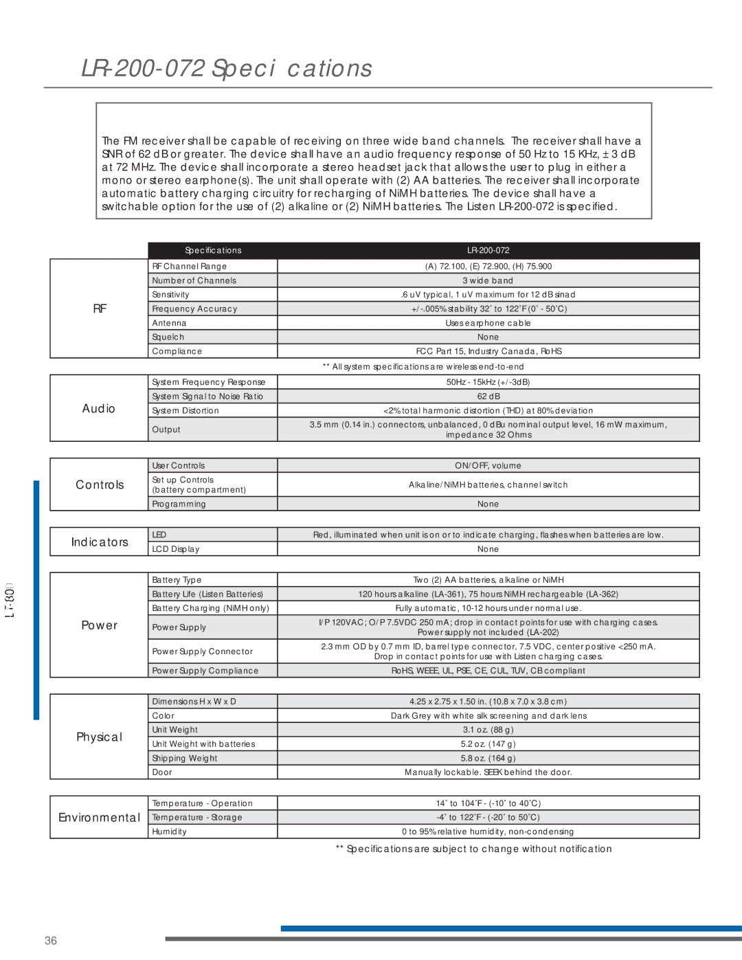 Listen Technologies LT-803-072, LP-3CV-072, LA-161, LA-123 90 manual LR-200-072 Speciﬁcations, Speciﬁcations LR-200-072 