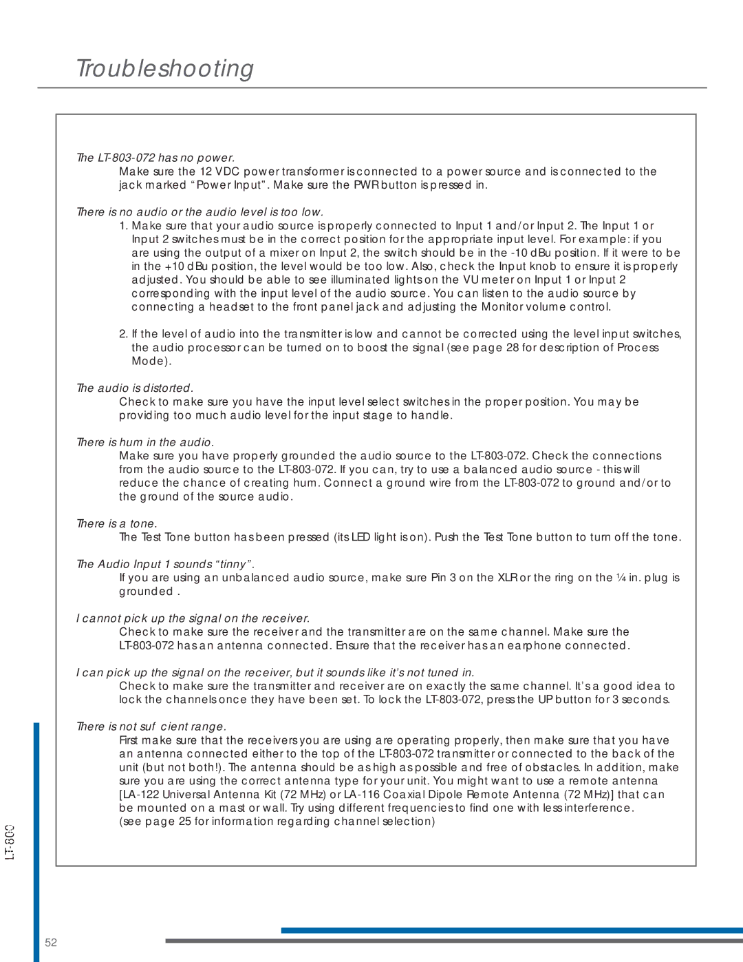 Listen Technologies LA-161, LP-3CV-072, LR-200-072, LT-803-072, LA-123 90 manual Troubleshooting 