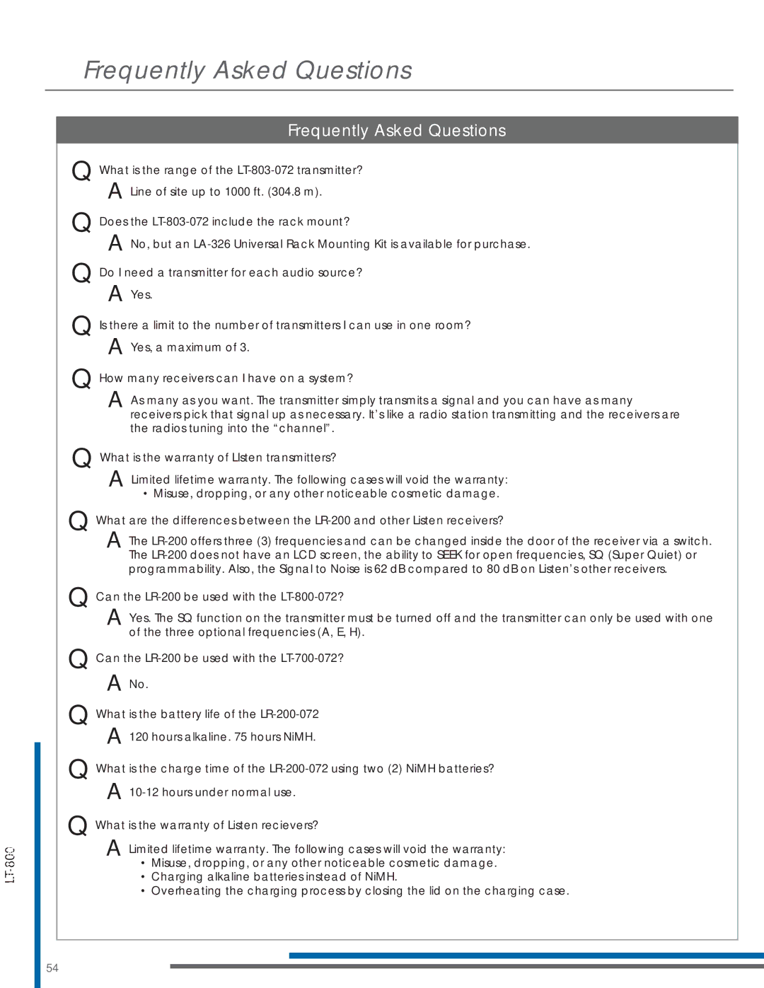 Listen Technologies LP-3CV-072, LR-200-072, LT-803-072, LA-161, LA-123 90 manual Frequently Asked Questions 