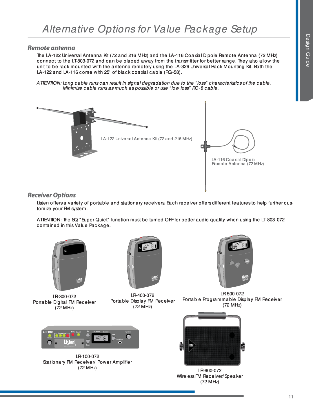 Listen Technologies LT-803-072 Alternative Options for Value Package Setup, Remote antenna, Receiver Options, Design Guide 