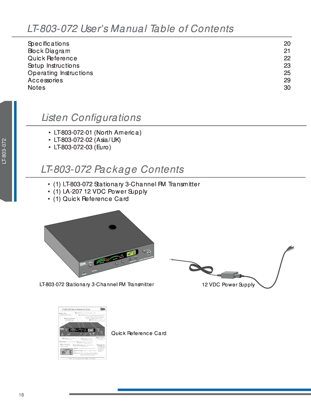 Listen Technologies LA-123 90, LP-3CV-072, LR-200-072, LA-161 manual Listen Conﬁgurations, LT-803-072Package Contents 