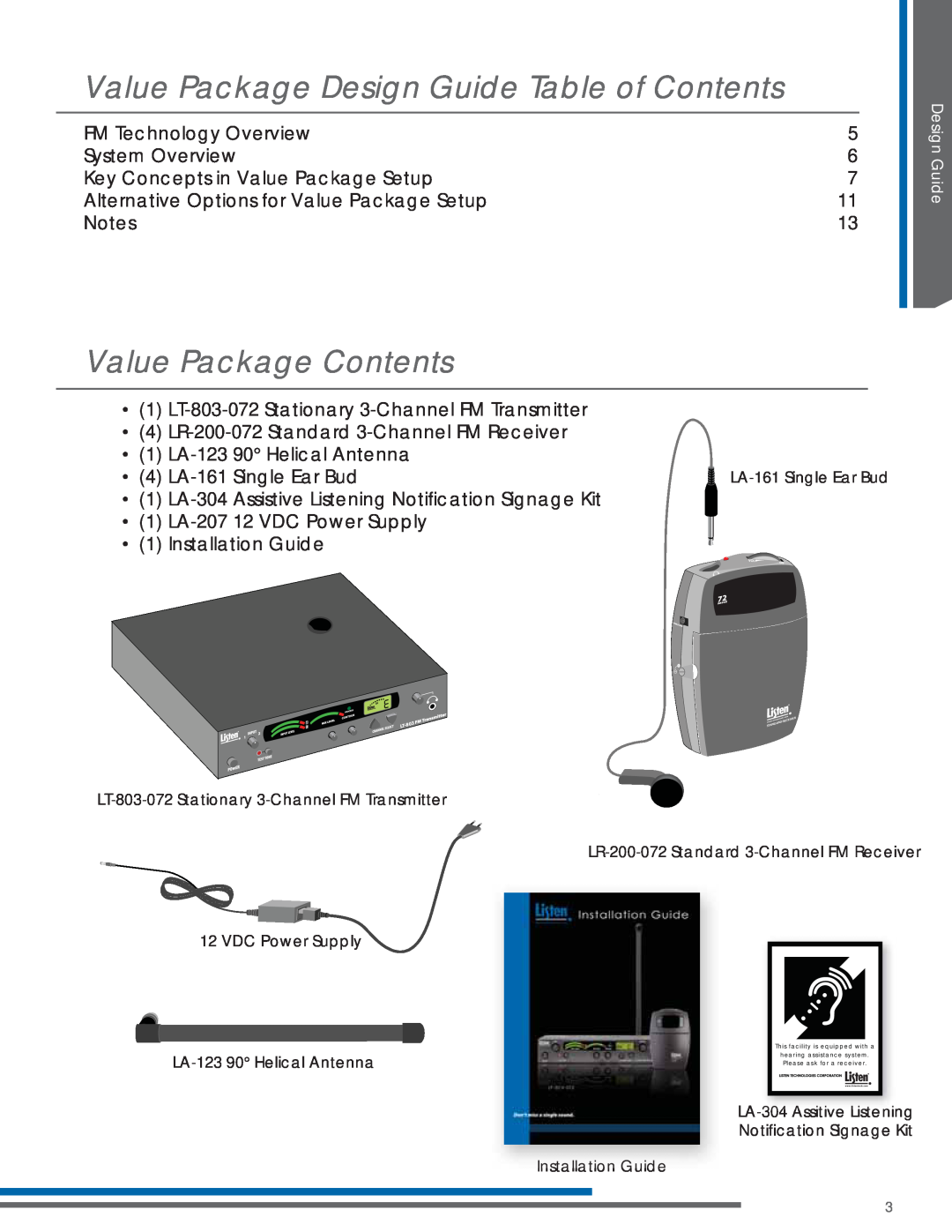 Listen Technologies LA-123 90, LP-3CV-072, LR-200-072 Value Package Design Guide Table of Contents, Value Package Contents 