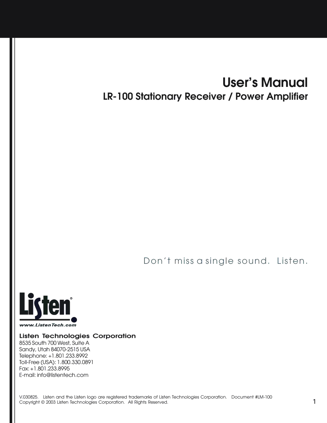 Listen Technologies LR-100 user manual User’s Manual 