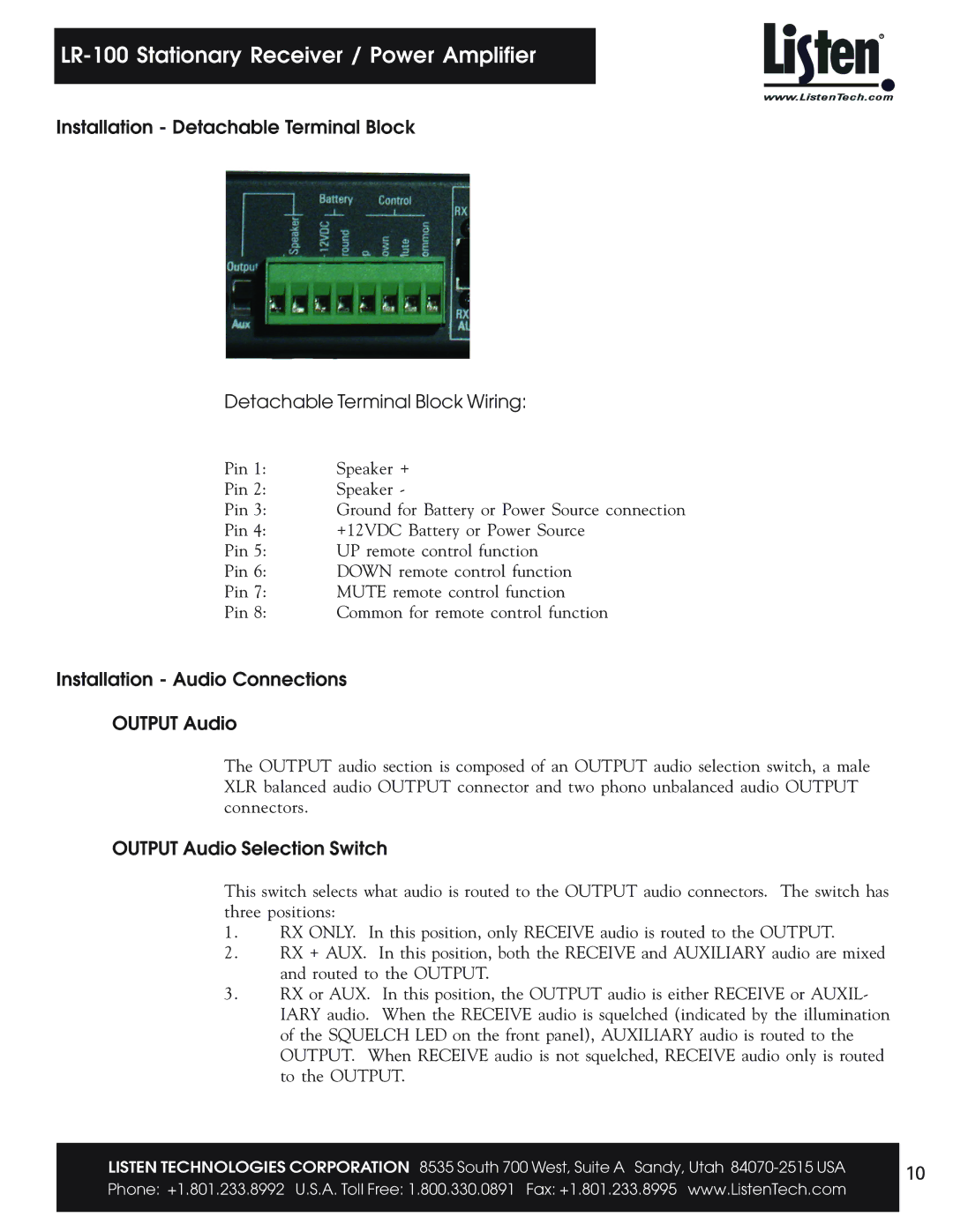 Listen Technologies LR-100 user manual Installation Audio Connections Output Audio, Output Audio Selection Switch 