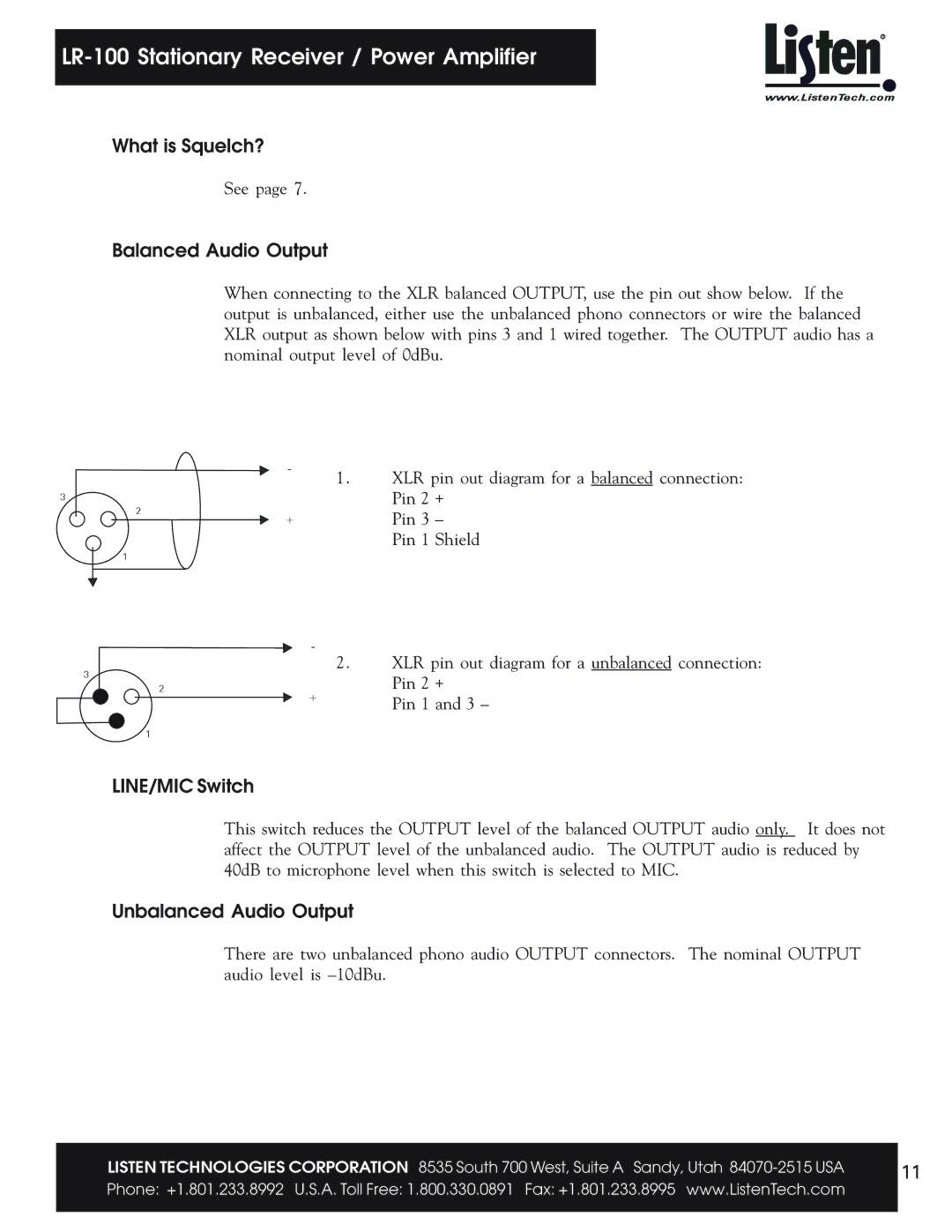 Listen Technologies LR-100 user manual Balanced Audio Output, LINE/MIC Switch, Unbalanced Audio Output 