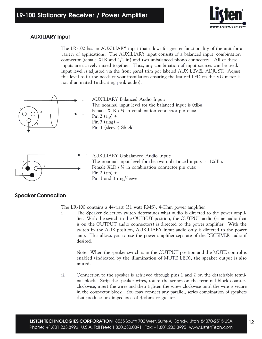 Listen Technologies LR-100 user manual Auxiliary Input, Speaker Connection 