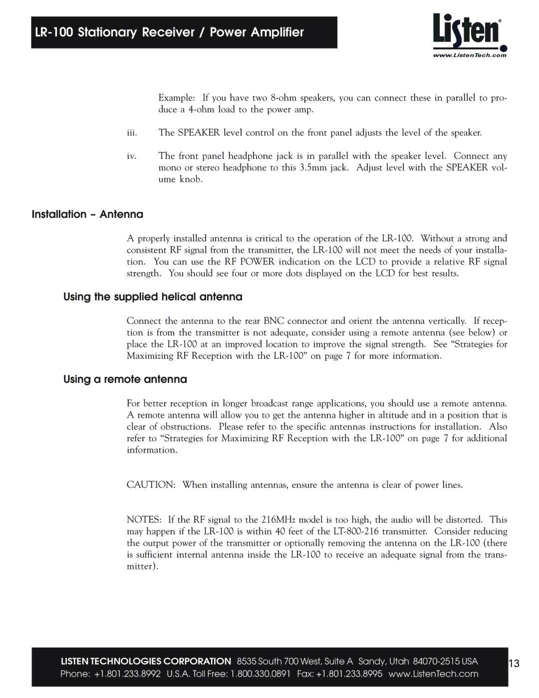 Listen Technologies LR-100 user manual Installation Antenna, Using the supplied helical antenna, Using a remote antenna 