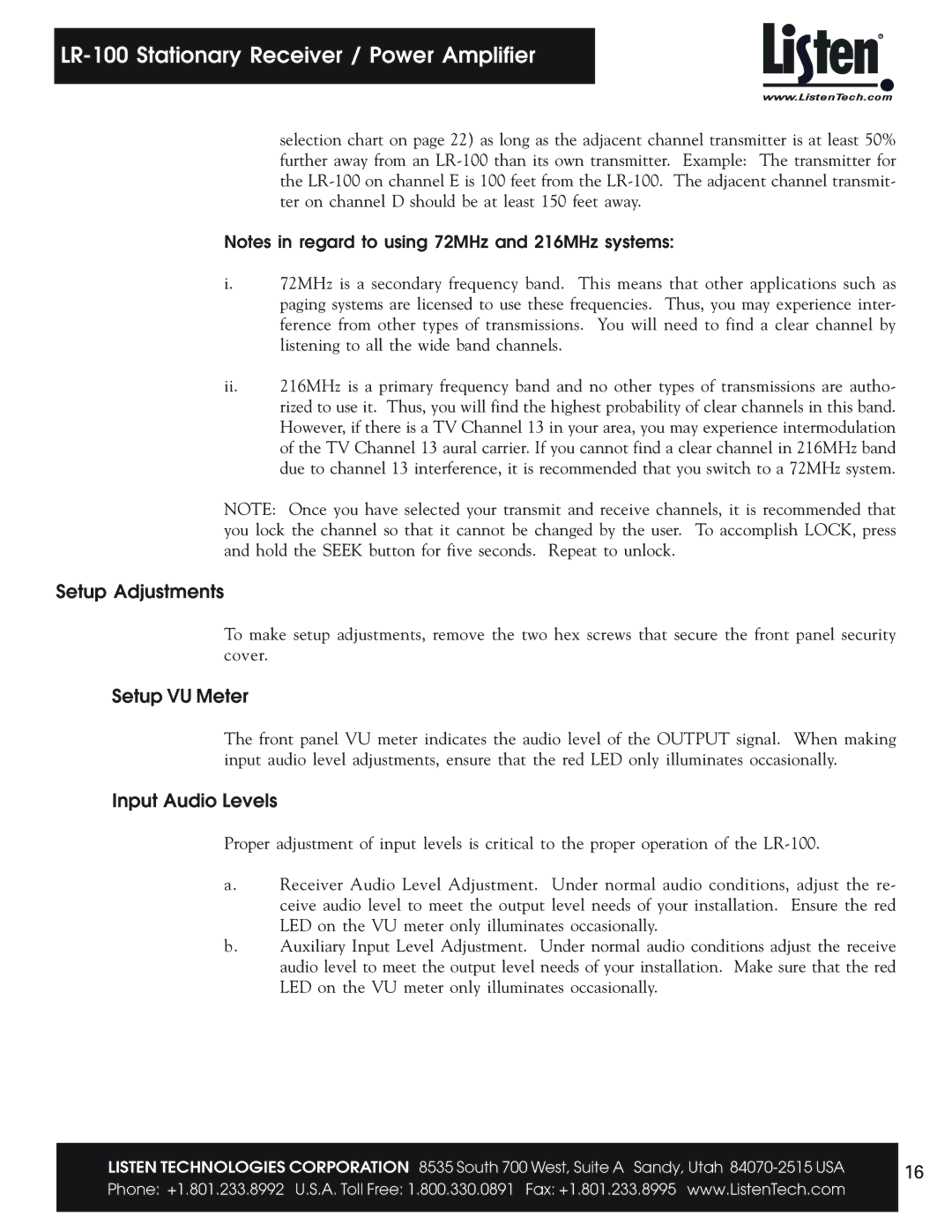 Listen Technologies LR-100 user manual Setup Adjustments, Setup VU Meter, Input Audio Levels 