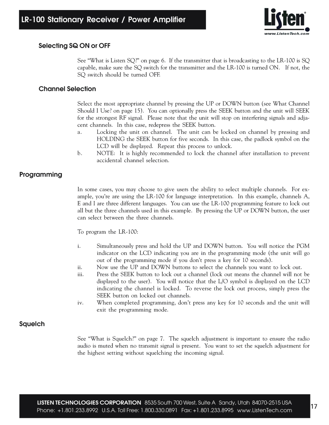 Listen Technologies LR-100 user manual Selecting SQ on or OFF, Channel Selection, Programming, Squelch 