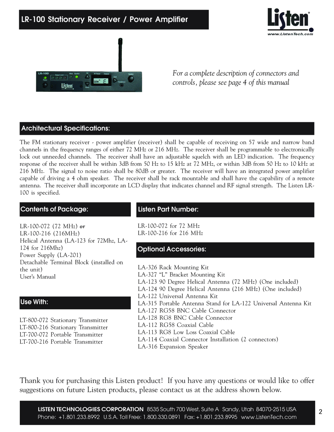 Listen Technologies user manual LR-100 Stationary Receiver / Power Amplifier 