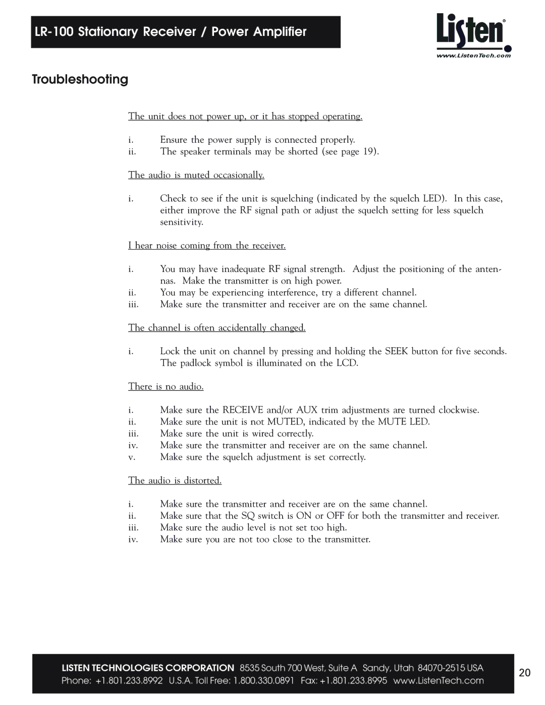 Listen Technologies LR-100 user manual Troubleshooting 