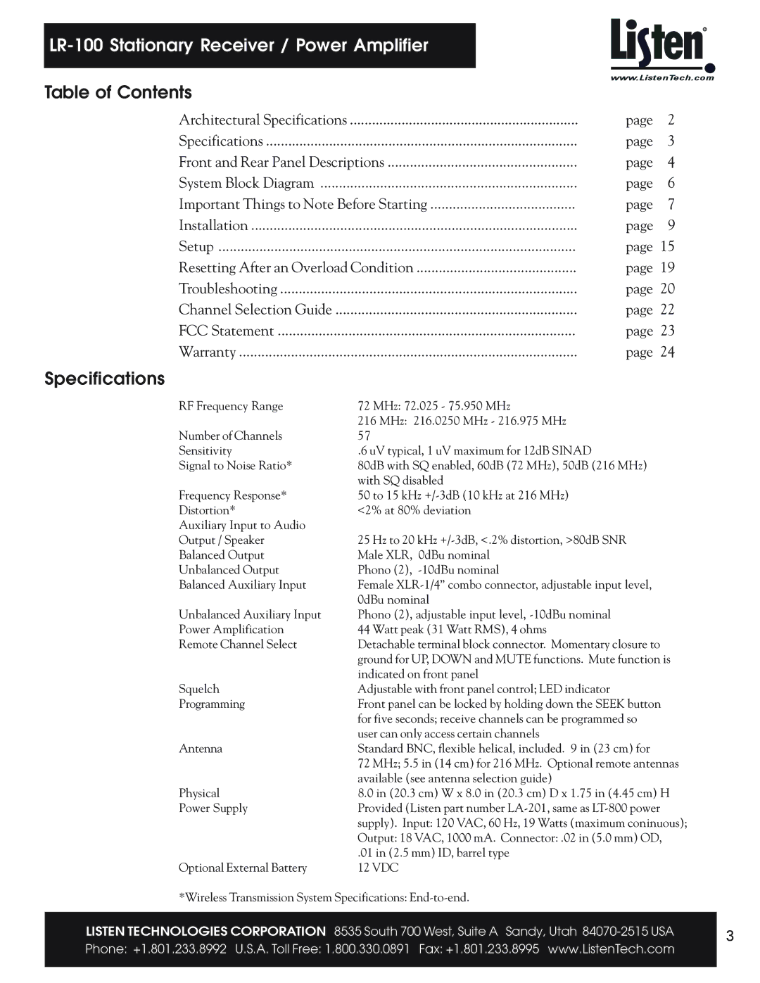 Listen Technologies LR-100 user manual Table of Contents, Specifications 