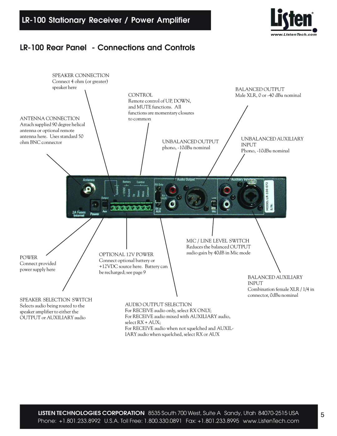 Listen Technologies user manual LR-100 Rear Panel Connections and Controls 