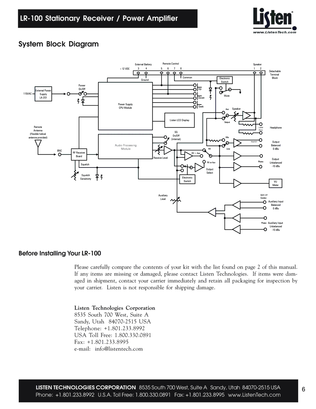 Listen Technologies user manual System Block Diagram, Before Installing Your LR-100 