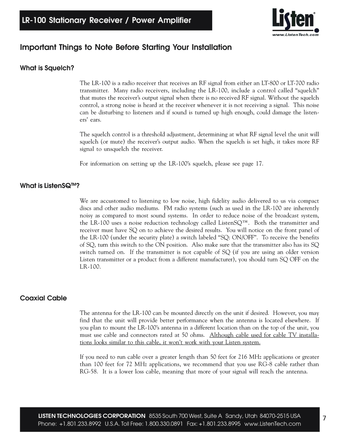 Listen Technologies LR-100 Important Things to Note Before Starting Your Installation, What is Squelch?, Coaxial Cable 