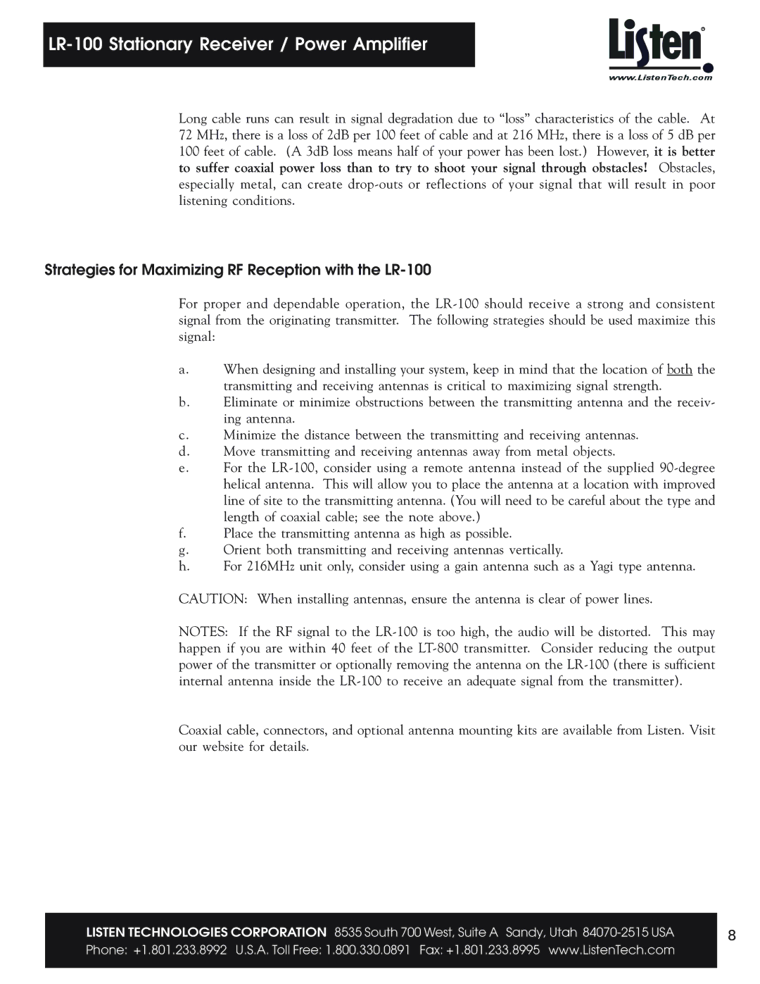 Listen Technologies user manual Strategies for Maximizing RF Reception with the LR-100 