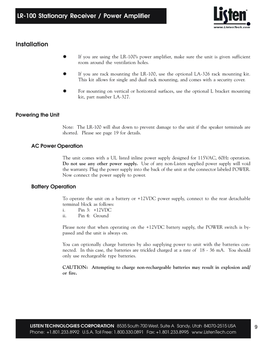 Listen Technologies LR-100 user manual Installation, Powering the Unit AC Power Operation, Battery Operation 