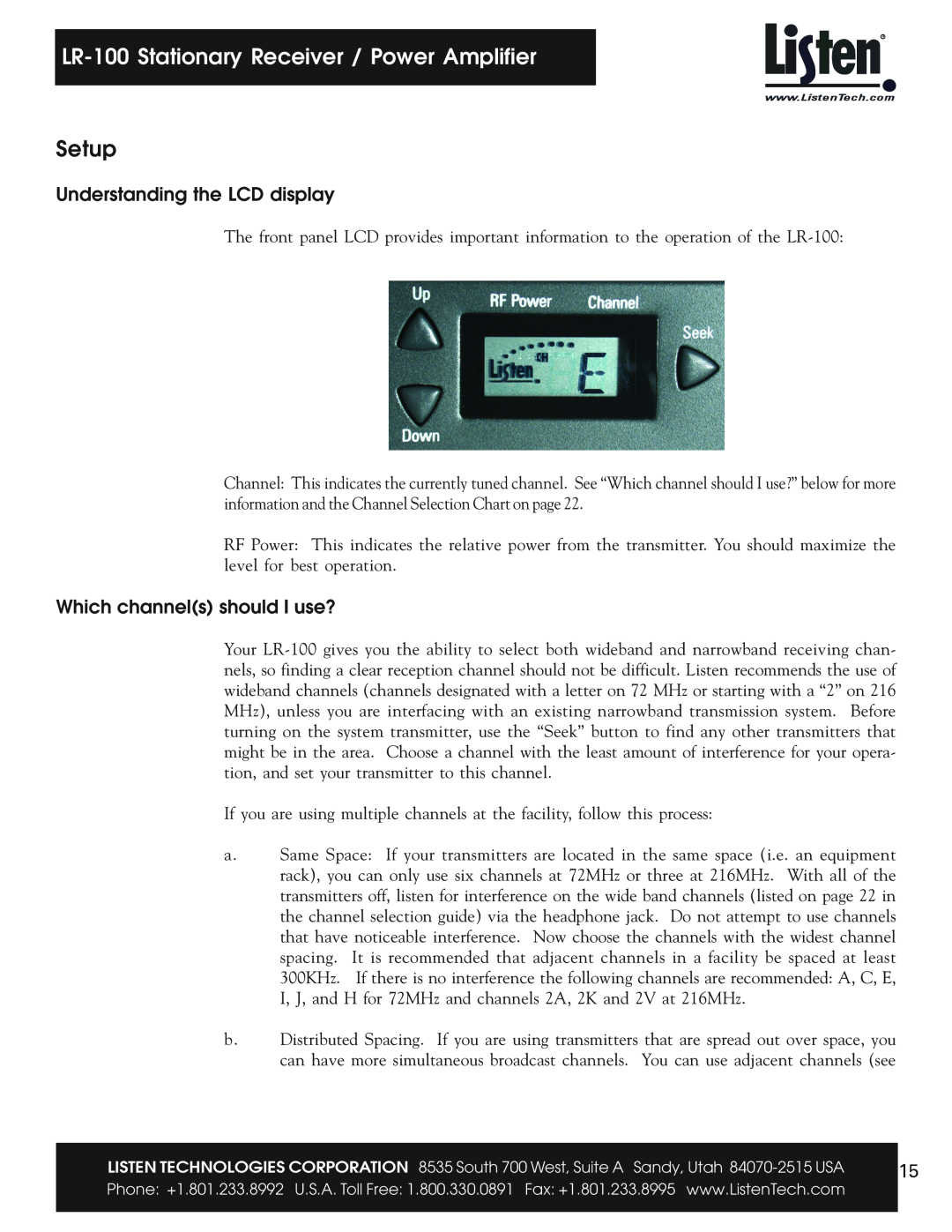 Listen Technologies LR-100 user manual Setup, Understanding the LCD display, Which channels should I use? 