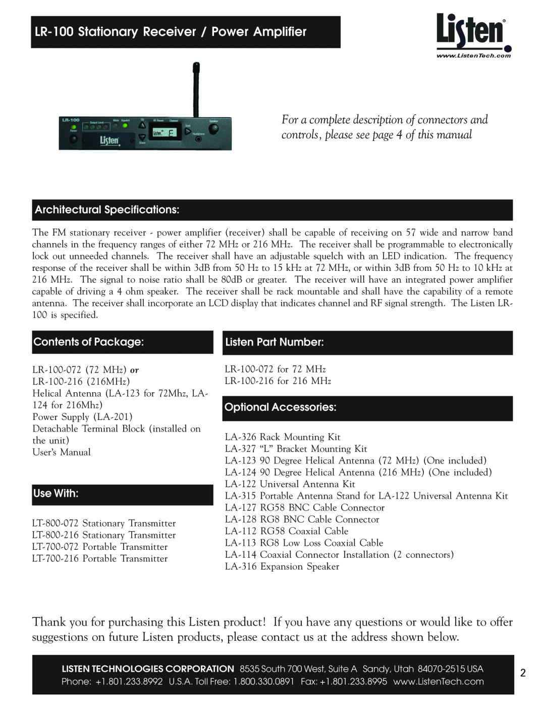 Listen Technologies LR-100Stationary Receiver / Power Amplifier, Architectural Specifications, Contents of Package 