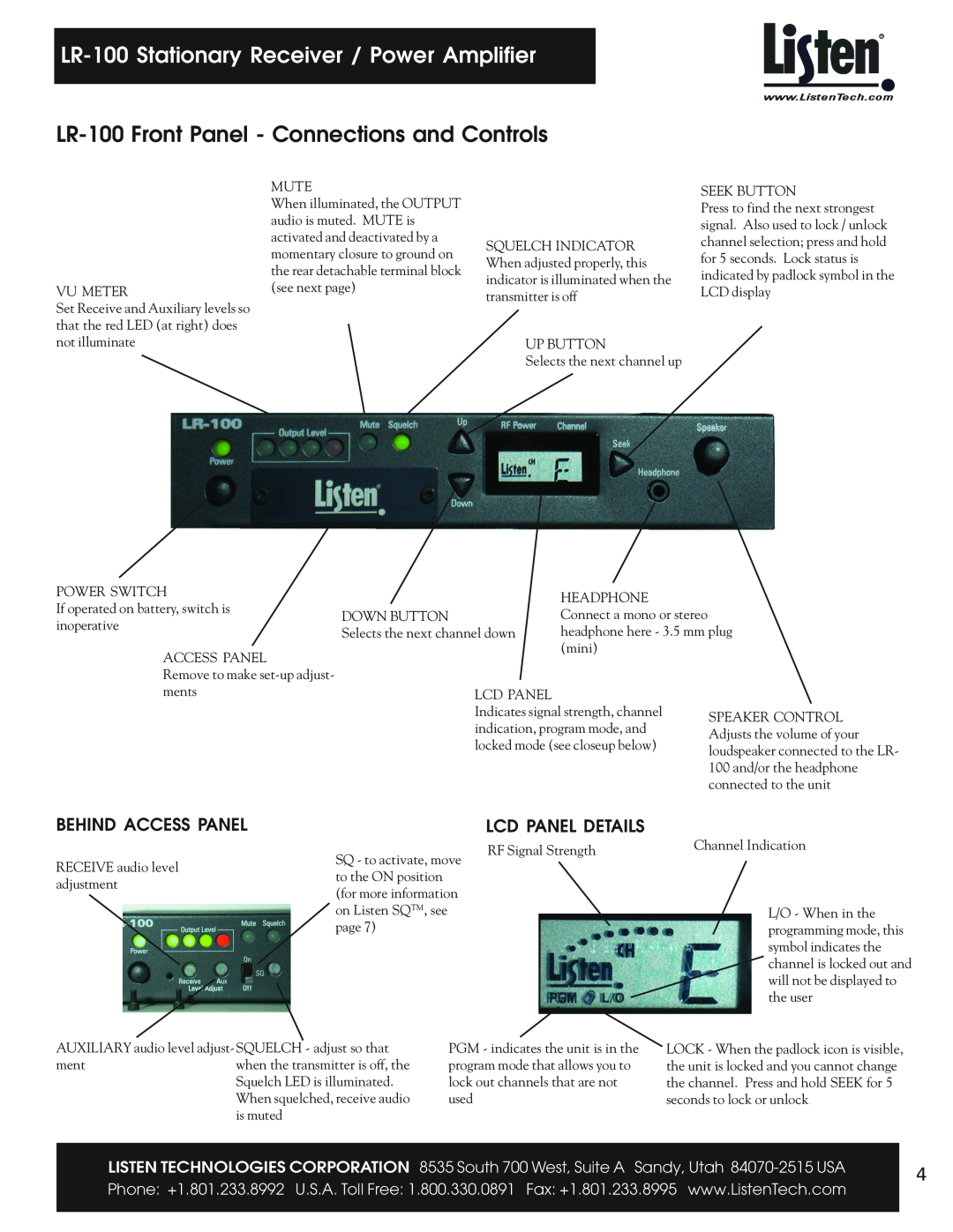 Listen Technologies LR-100Front Panel - Connections and Controls, LR-100Stationary Receiver / Power Amplifier 
