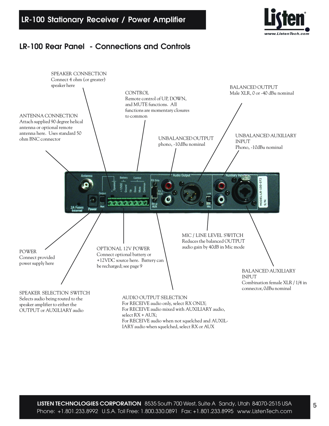 Listen Technologies user manual LR-100Rear Panel - Connections and Controls, LR-100Stationary Receiver / Power Amplifier 