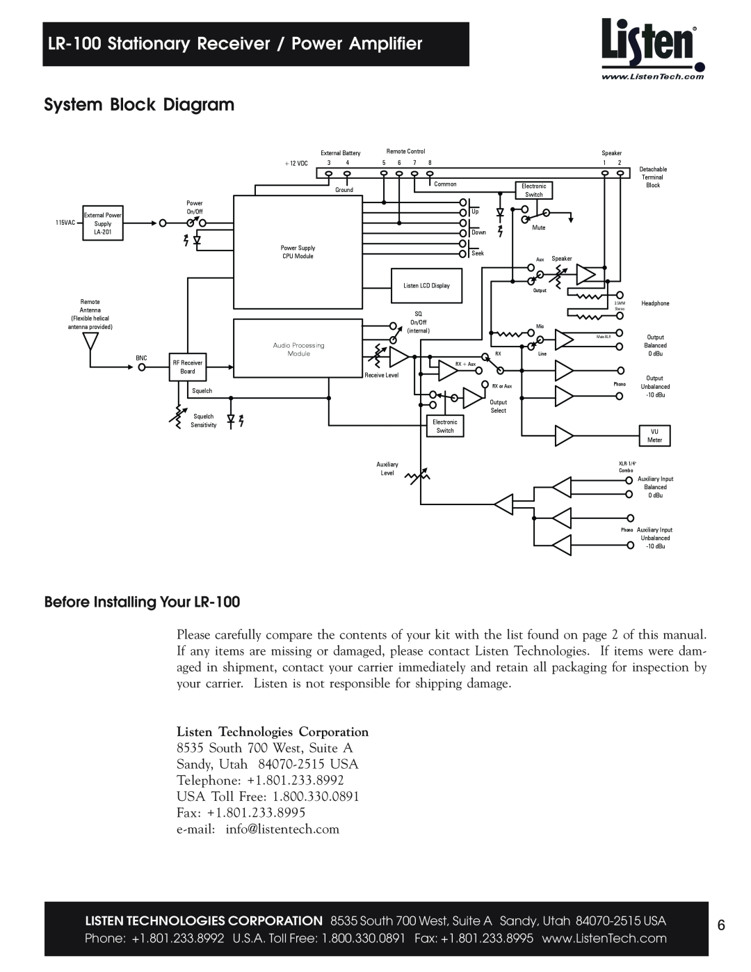 Listen Technologies System Block Diagram, Before Installing Your LR-100, LR-100Stationary Receiver / Power Amplifier 