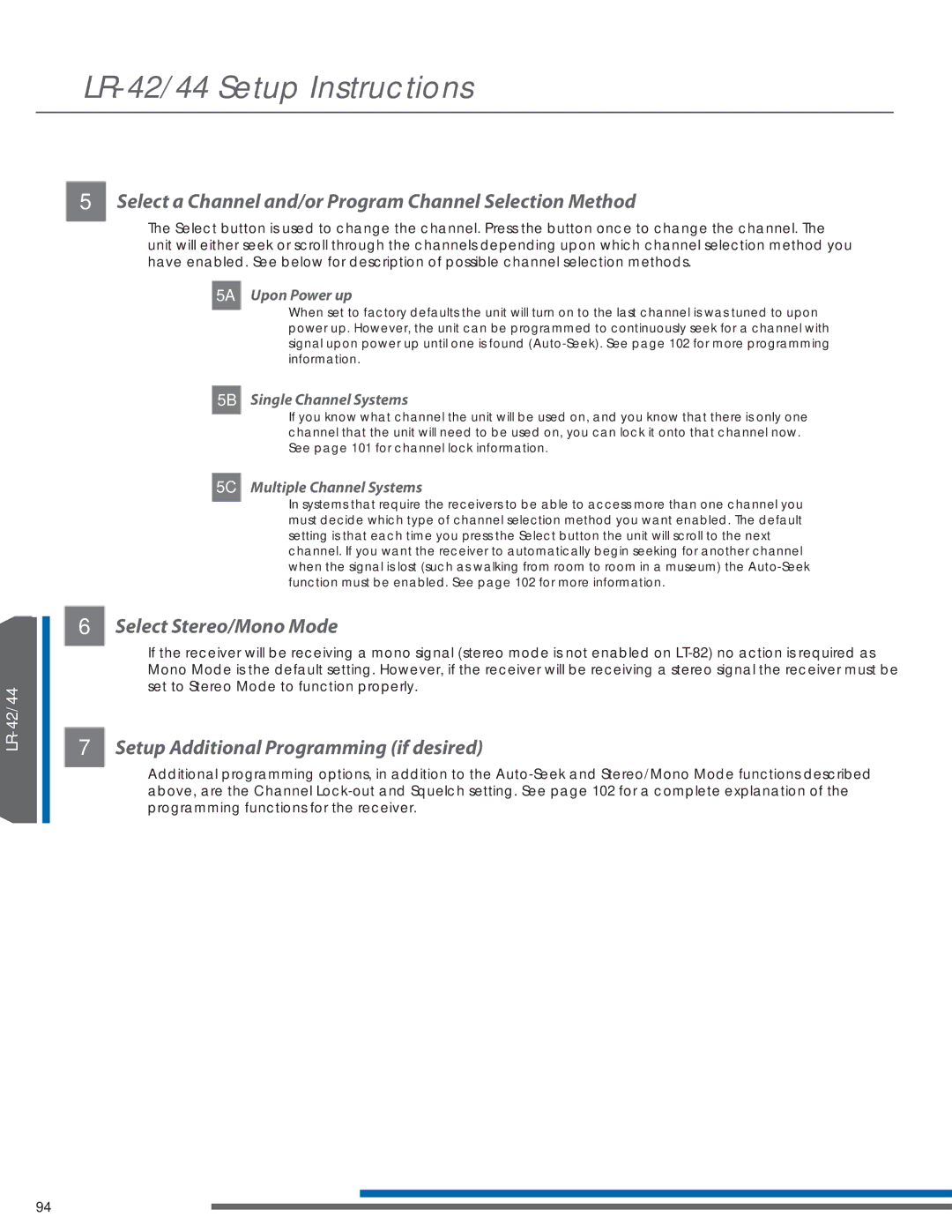 Listen Technologies LR-42, LR-44, LA-351 Select a Channel and/or Program Channel Selection Method, Select Stereo/Mono Mode 