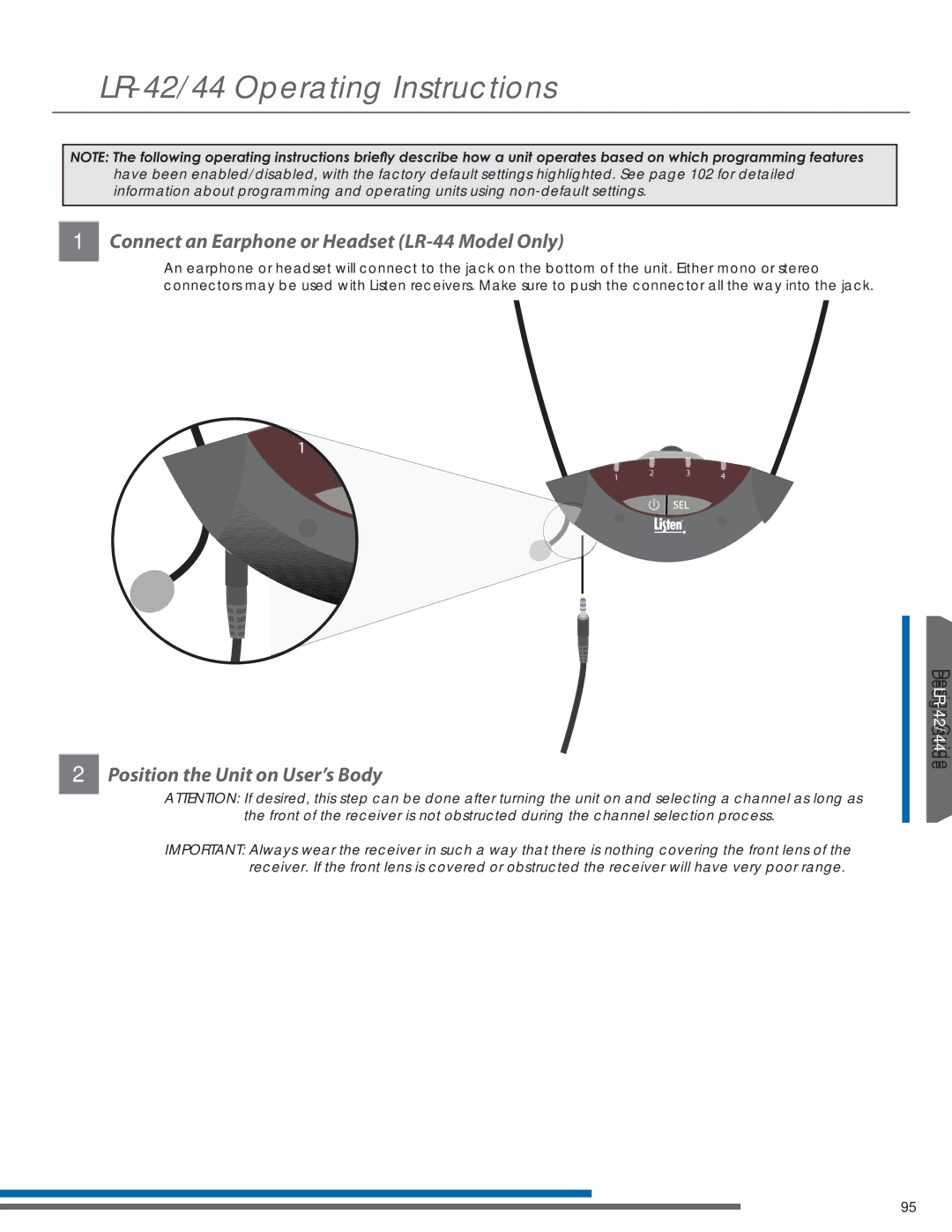 Listen Technologies LR-44, LA-351, LA-350, LT-82LA manual LR-42/44 Operating Instructions, Position the Unit on User’s Body 