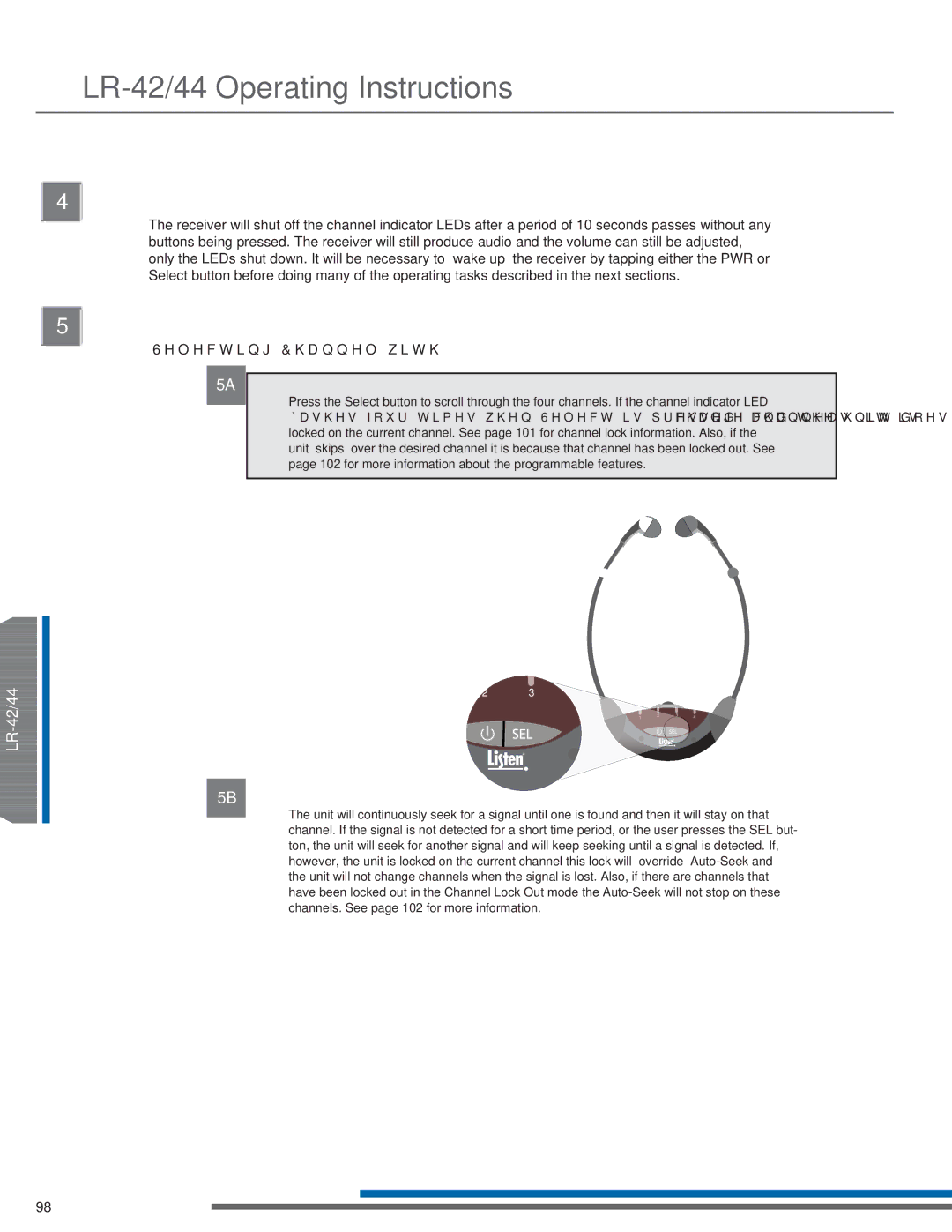 Listen Technologies LT-82LA, LR-42, LR-44 manual LED Sleep Mode, Select Listening Channel, 5A Auto-Seek Disabled Default OFF 