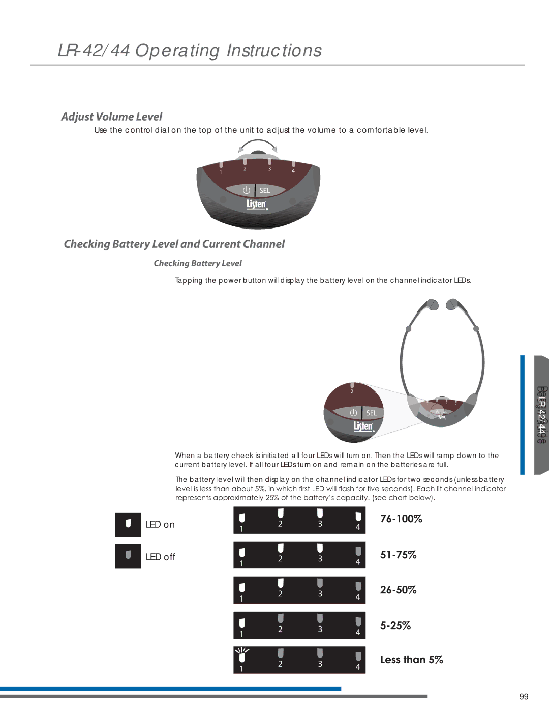 Listen Technologies LR-42 manual Adjust Volume Level, Checking Battery Level and Current Channel, 7A Checking Battery Level 