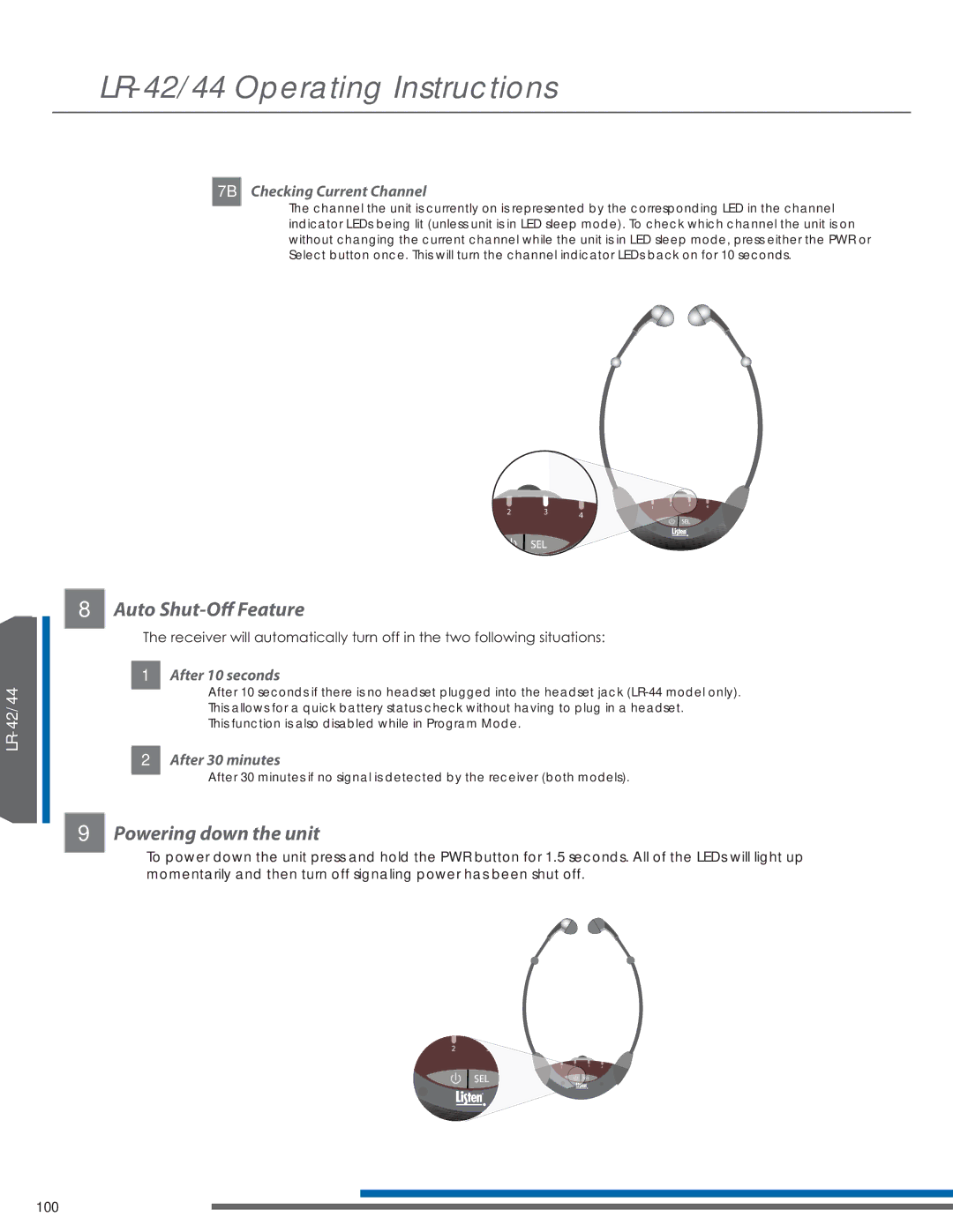 Listen Technologies LR-44 Auto Shut-Off Feature, Powering down the unit, 7B Checking Current Channel, After 10 seconds 