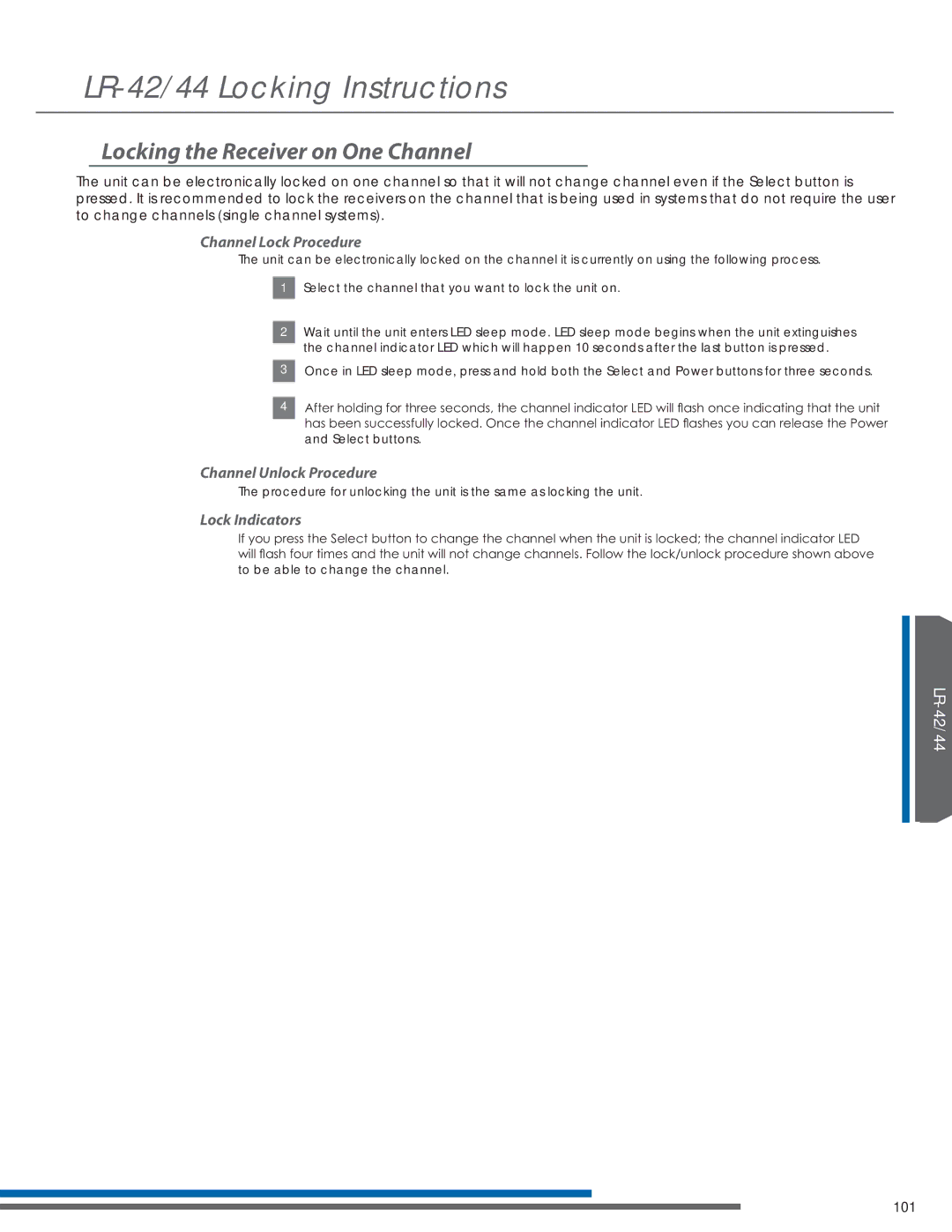 Listen Technologies LA-351 LR-42/44 Locking Instructions, Locking the Receiver on One Channel, Channel Lock Procedure 