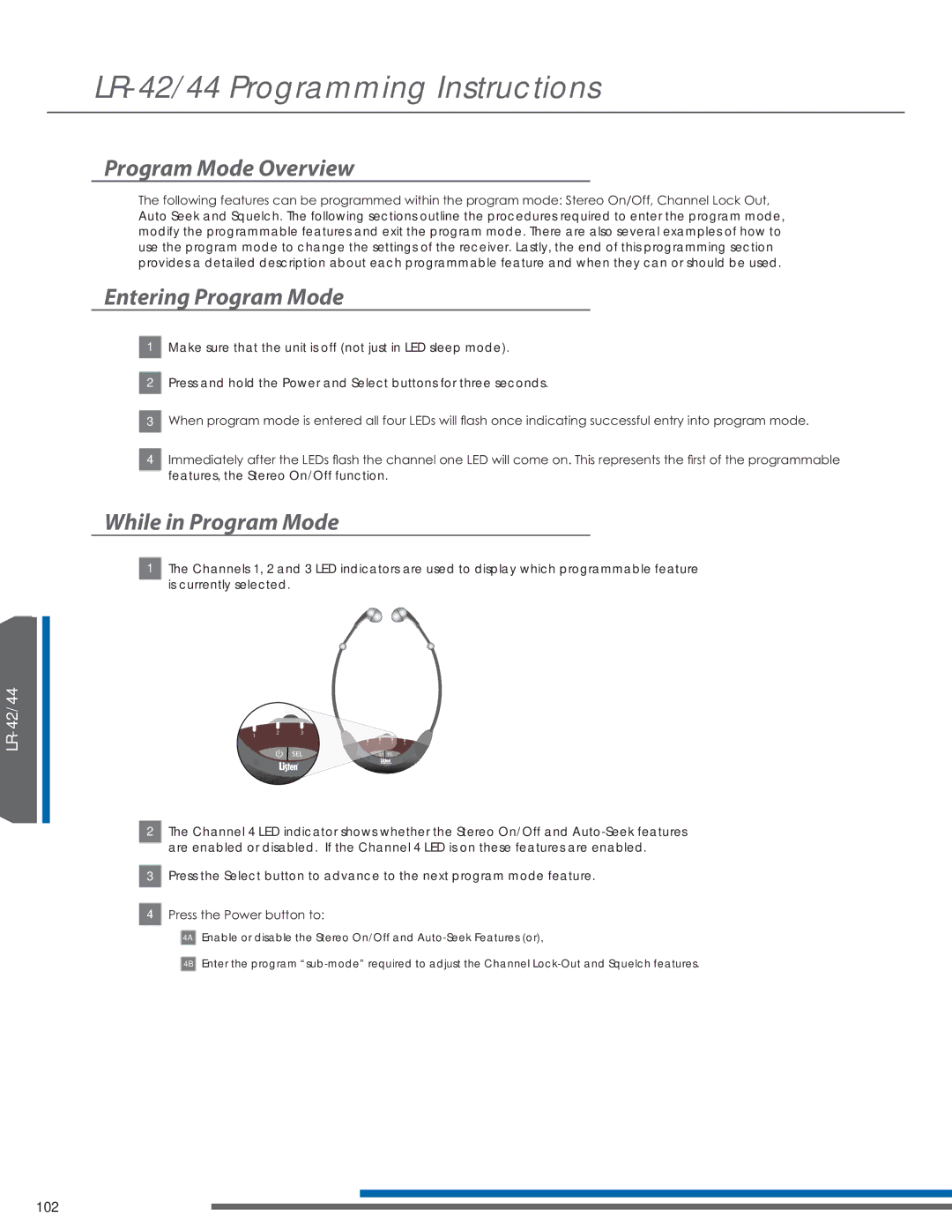 Listen Technologies LA-350, LR-44, LA-351 LR-42/44 Programming Instructions, Program Mode Overview, Entering Program Mode 