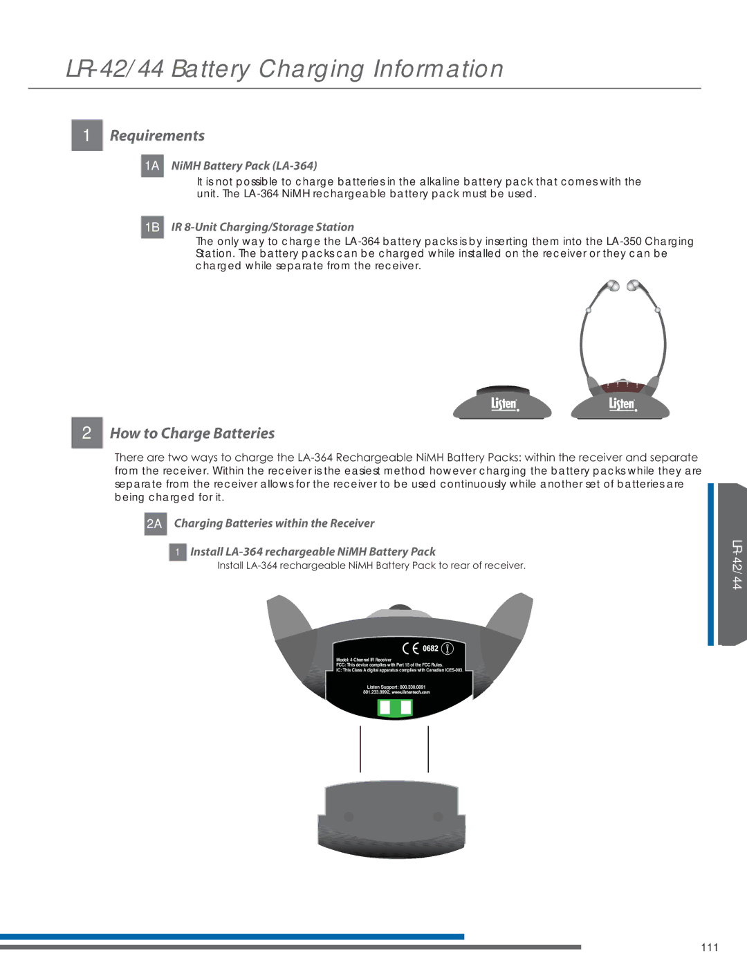 Listen Technologies LA-351, LR-44, LA-350 manual LR-42/44 Battery Charging Information, Requirements, How to Charge Batteries 