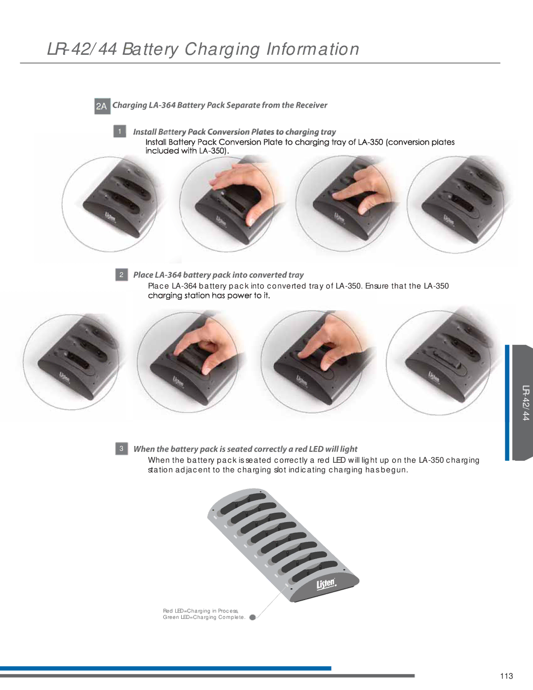 Listen Technologies LT-82LA, LR-42, LR-44, LA-351, LA-350 manual Place LA-364 battery pack into converted tray 