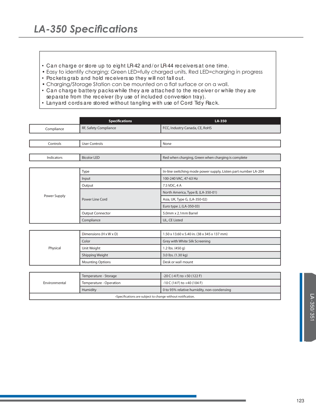 Listen Technologies LT-82LA, LR-42, LR-44, LA-351, LA-350 manual $6SHFLÀFDWLRQV 