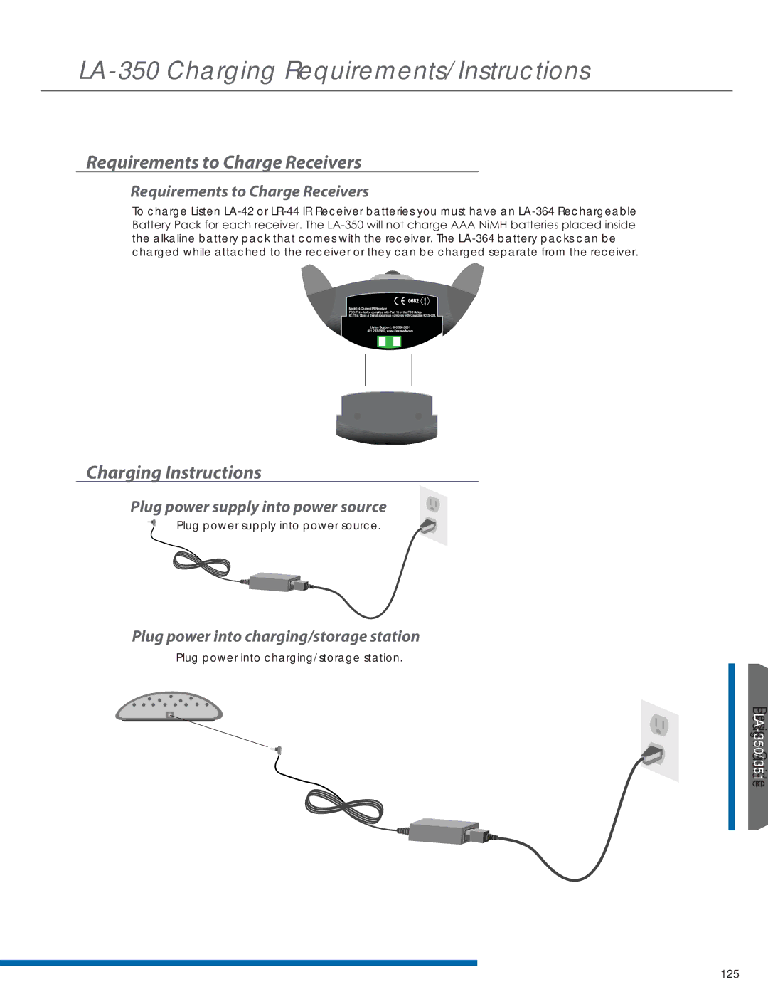 Listen Technologies LR-44, LR-42, LA-351 manual LA-350 Charging Requirements/Instructions, Requirements to Charge Receivers 