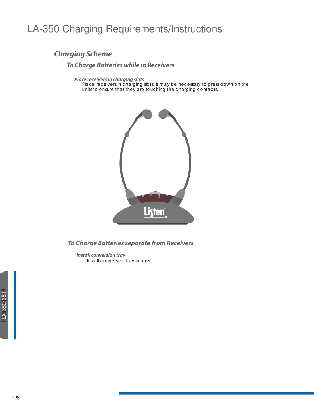 Listen Technologies LA-351 Charging Scheme, 3A To Charge Batteries while in Receivers, Place receivers in charging slots 