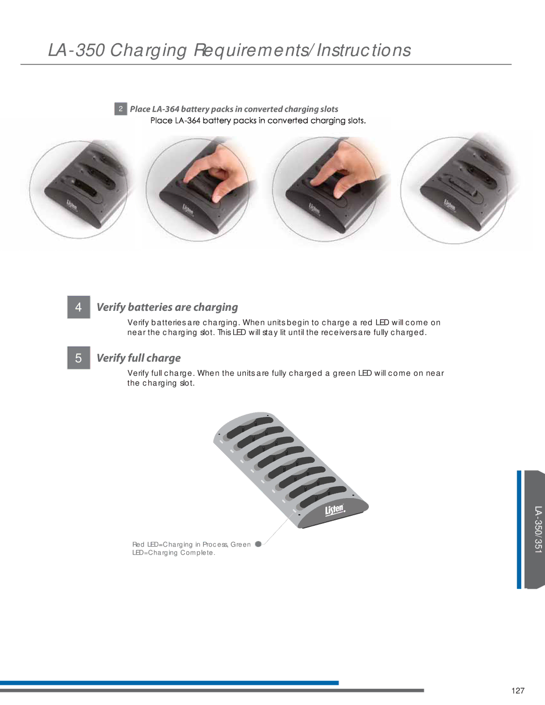 Listen Technologies LA-350, LR-42, LR-44, LA-351, LT-82LA manual Verify batteries are charging, Verify full charge 