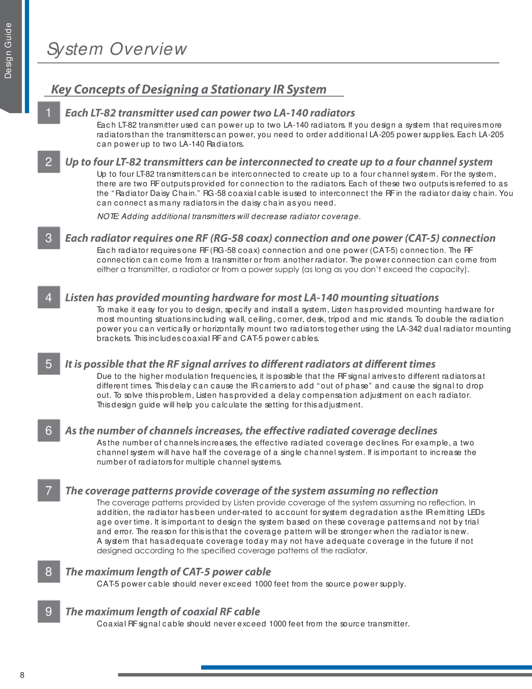 Listen Technologies LT-82LA, LR-42 Key Concepts of Designing a Stationary IR System, Maximum length of CAT-5 power cable 