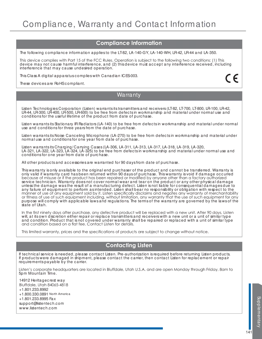 Listen Technologies LA-351, LR-42, LR-44, LA-350, LT-82LA Compliance, Warranty and Contact Information, Rpsoldqfh,Qirupdwlrq 