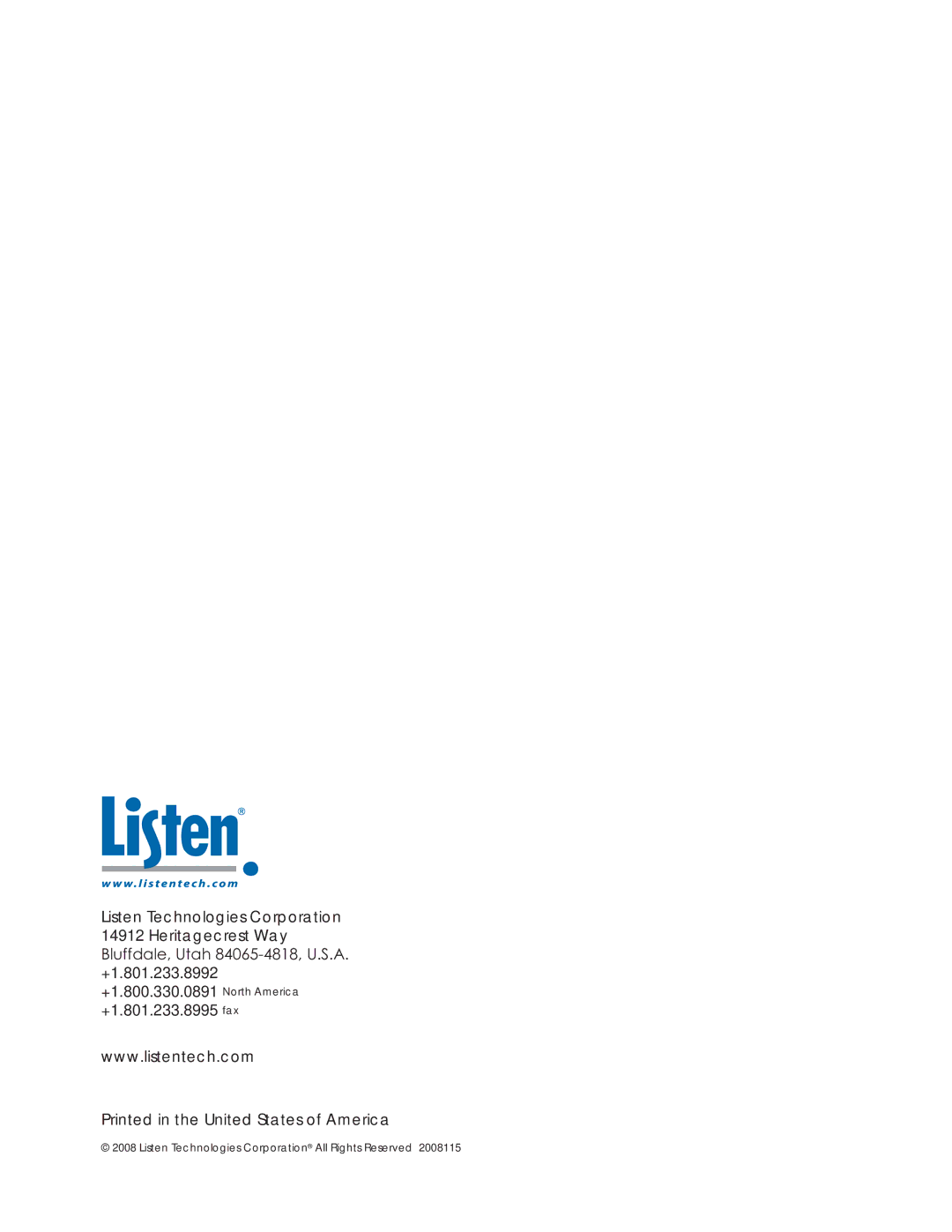 Listen Technologies LA-350, LR-42, LR-44, LA-351, LT-82LA manual Listen Technologies Corporation 14912 Heritagecrest Way 