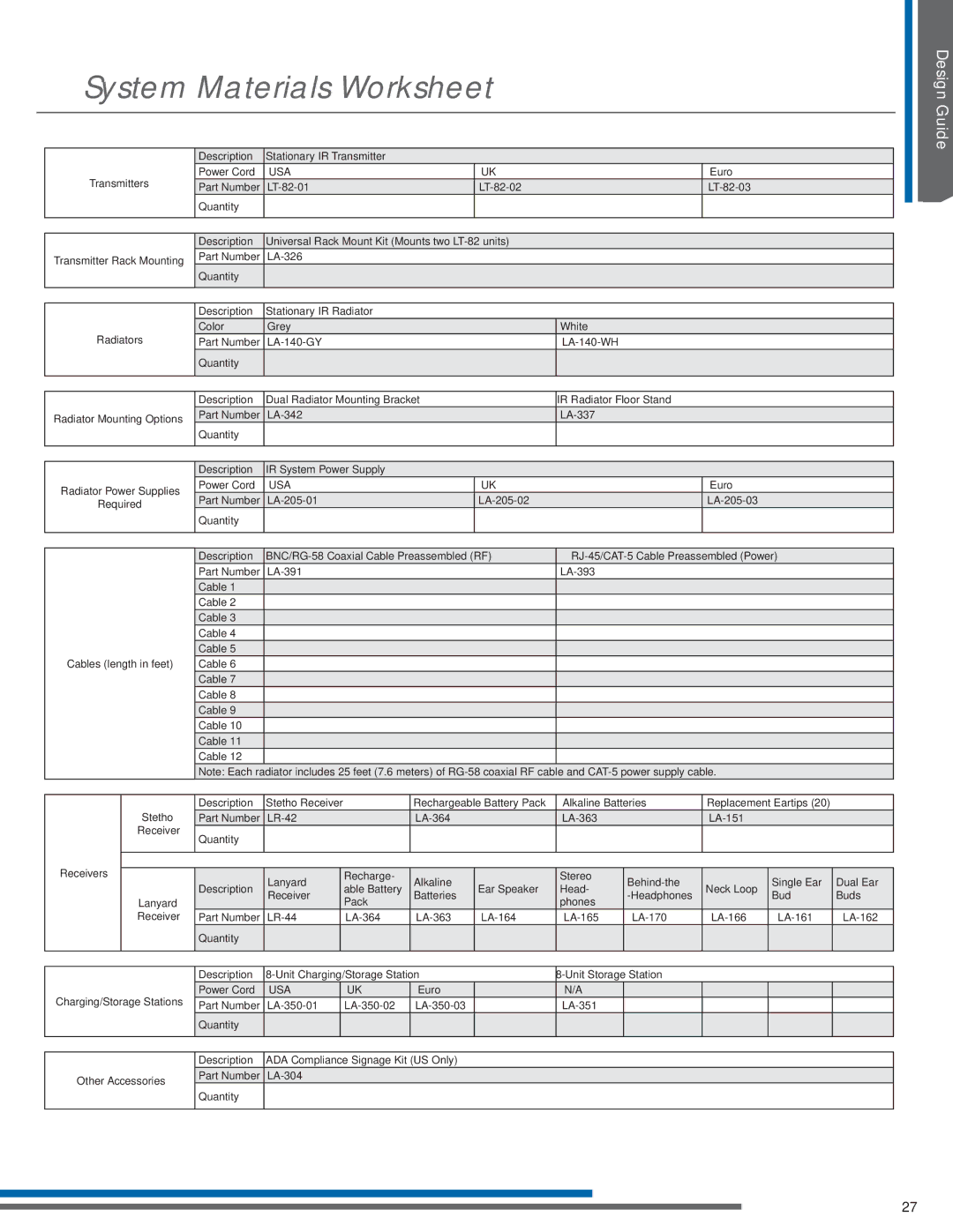 Listen Technologies LA-350, LR-42, LR-44, LA-351, LT-82LA manual System Materials Worksheet, Usa 