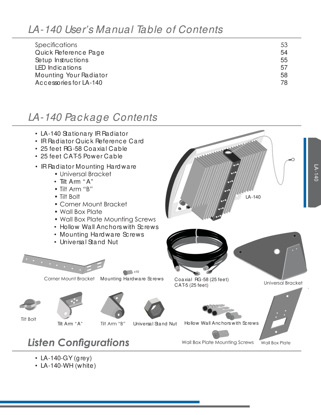 Listen Technologies LA-351, LR-42, LR-44, LA-350, LT-82LA LA-140 User’s Manual Table of Contents, LA-140 Package Contents 