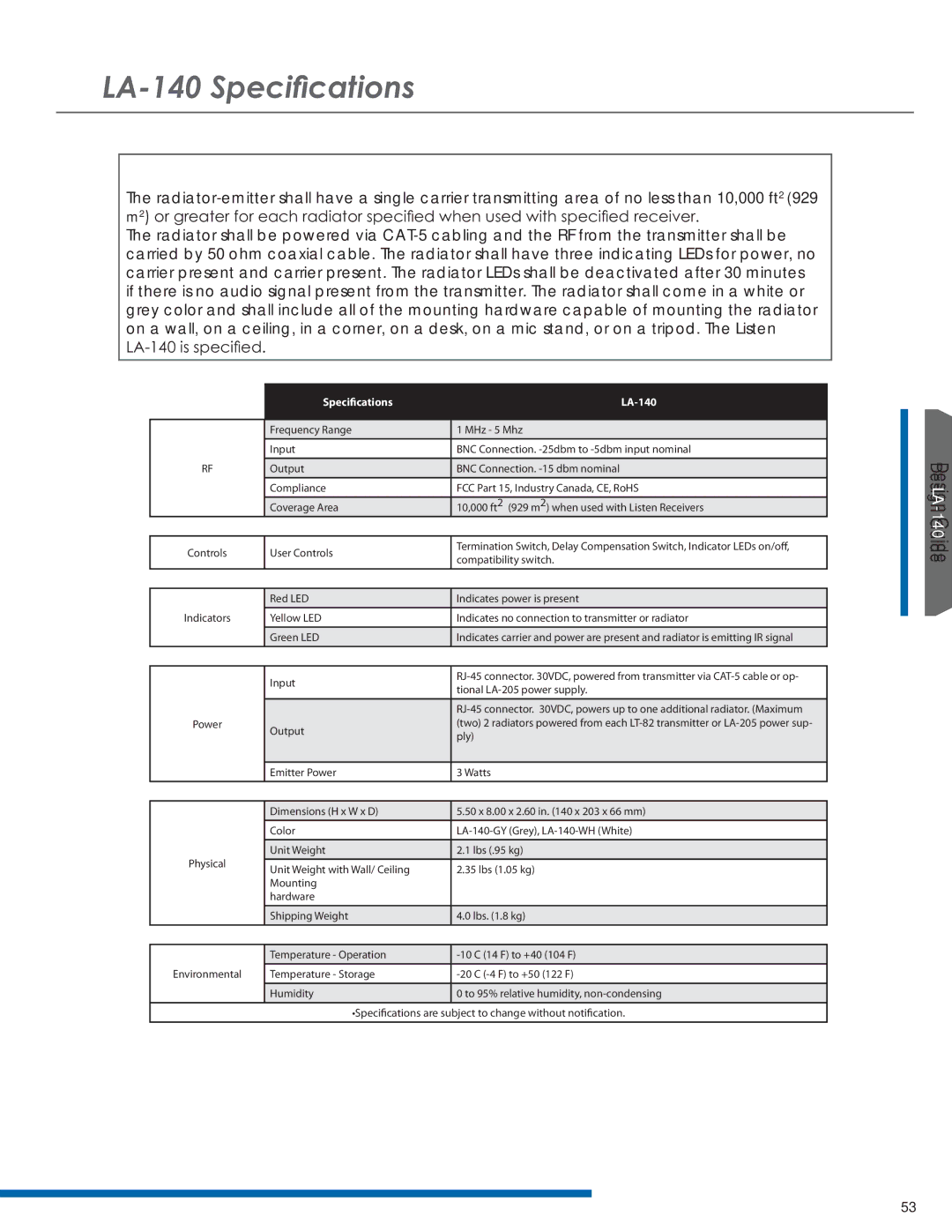 Listen Technologies LT-82LA, LR-42, LR-44, LA-351, LA-350 manual $6SHFLÀFDWLRQV 