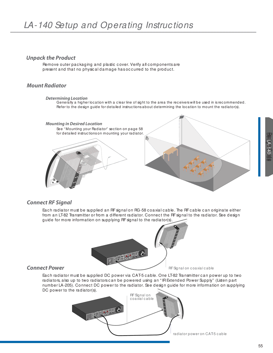 Listen Technologies LR-44, LR-42 LA-140 Setup and Operating Instructions, Mount Radiator, Connect RF Signal, Connect Power 