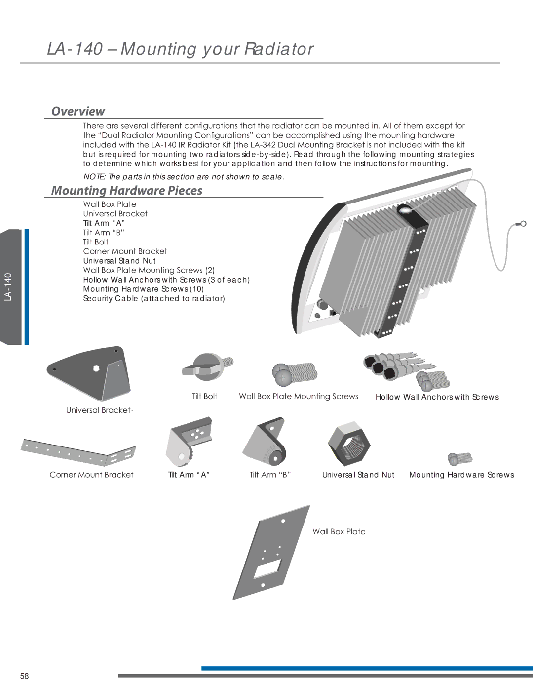 Listen Technologies LT-82LA, LR-42, LR-44, LA-351, LA-350 LA-140 Mounting your Radiator, Overview, Mounting Hardware Pieces 