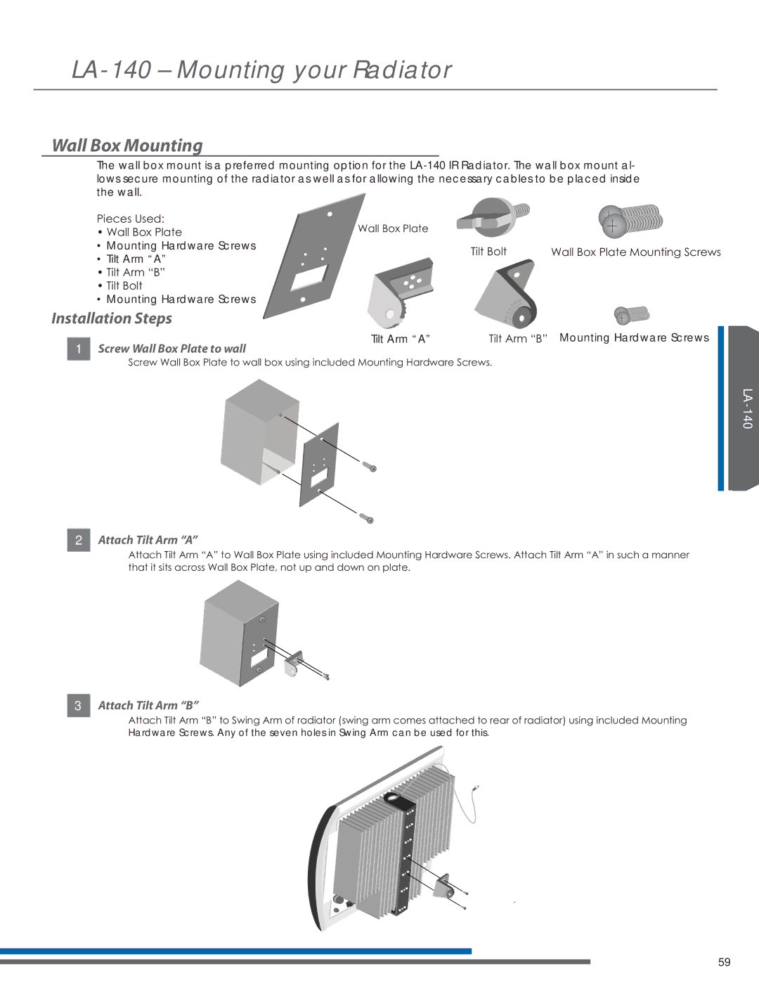 Listen Technologies LR-42, LR-44 Wall Box Mounting, Installation Steps, Screw Wall Box Plate to wall, Attach Tilt Arm a 