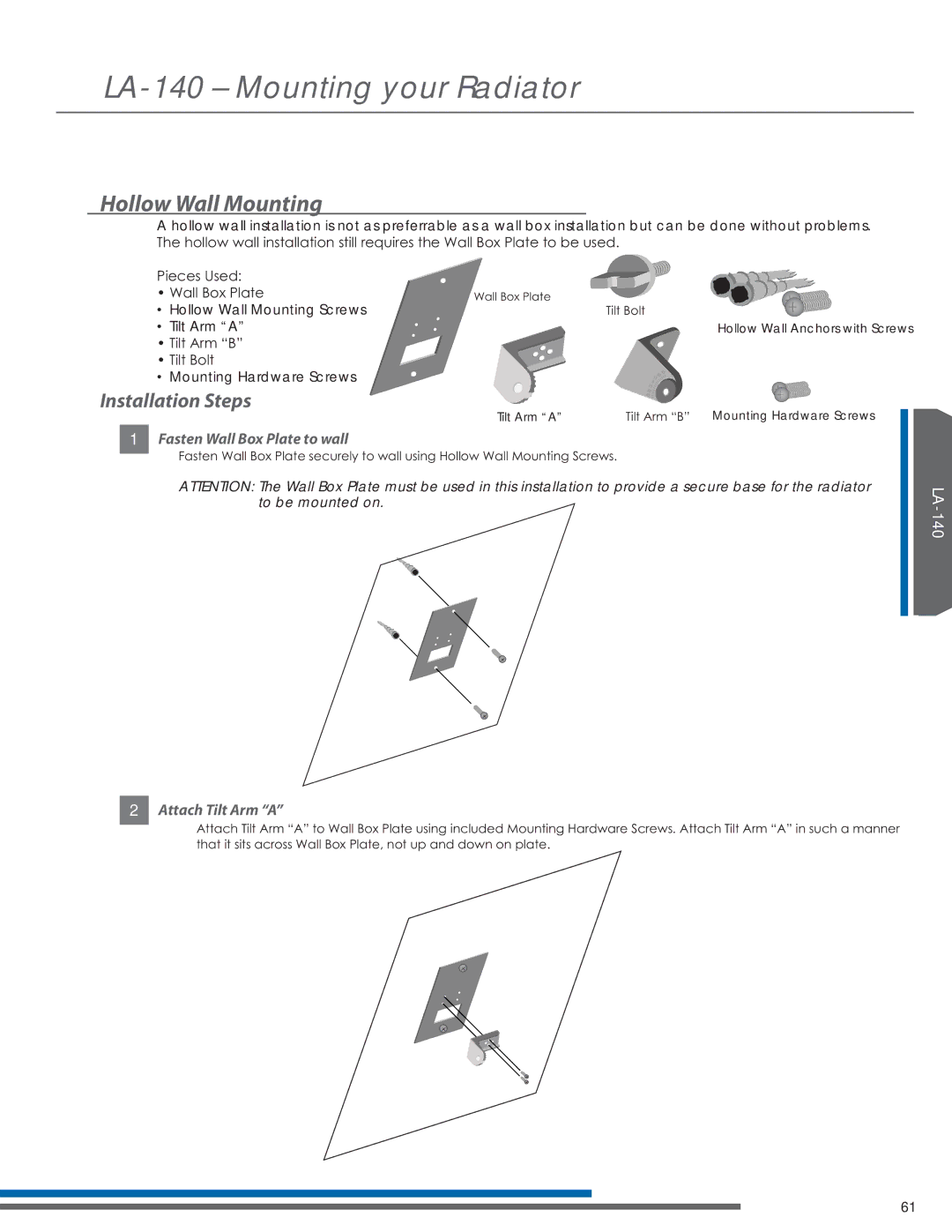 Listen Technologies LA-351, LR-42, LR-44, LA-350, LT-82LA manual Hollow Wall Mounting, Fasten Wall Box Plate to wall 