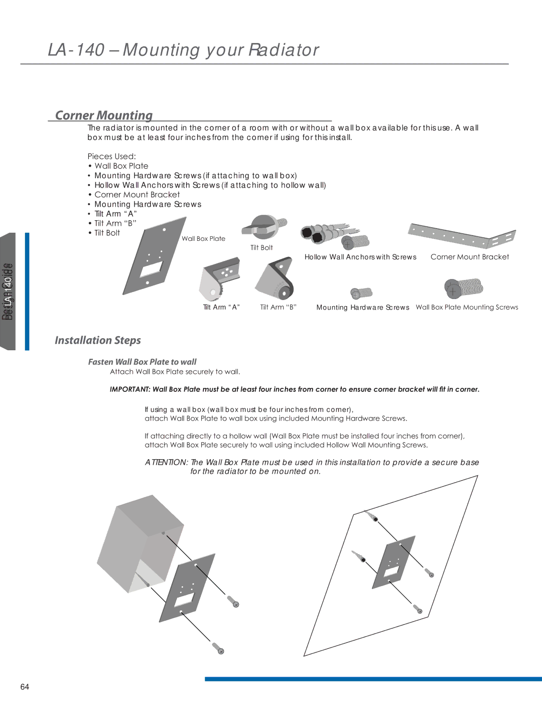 Listen Technologies LR-42, LR-44, LA-351, LA-350, LT-82LA manual Corner Mounting, ‡&RUQHU0RXQW%UDFNHW 